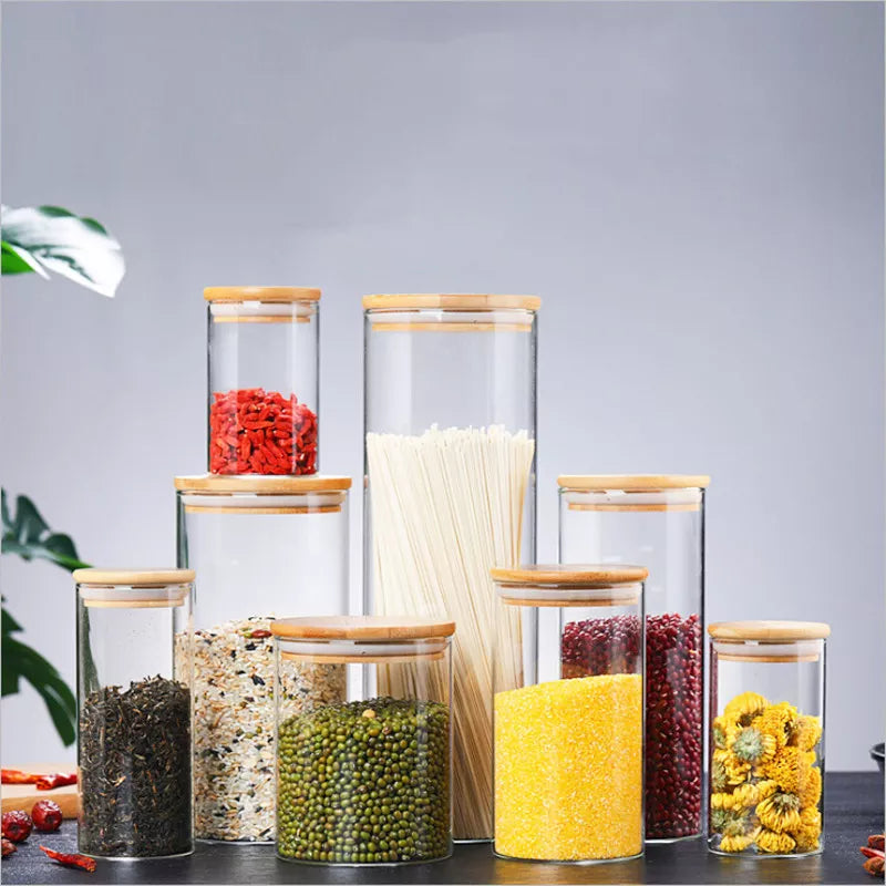 Food Storage Bottles Glass Jar With Bamboo Lid Sealed Tea Seasoning Canister Bottle Kitchen Container For Coffee Bean Sugar Salt