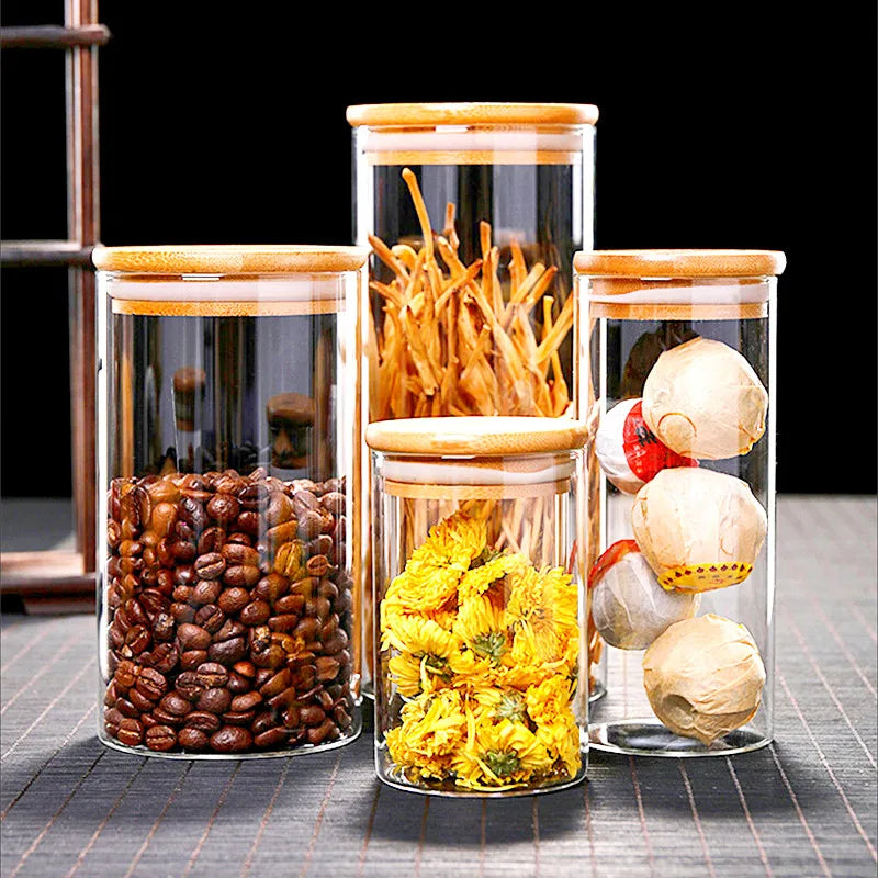 Food Storage Bottles Glass Jar With Bamboo Lid Sealed Tea Seasoning Canister Bottle Kitchen Container For Coffee Bean Sugar Salt